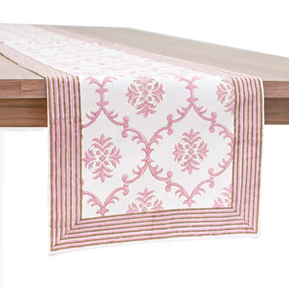 Lotus & Ivory Pink Coffee Table Runners (100% Cotton, Damask Hand Block Print, 14x48 inch, Pack of 1) Fabric Lined | Properly Finished | for Home, Kitchen, Dining Room, Holiday, Wedding Party Décor
