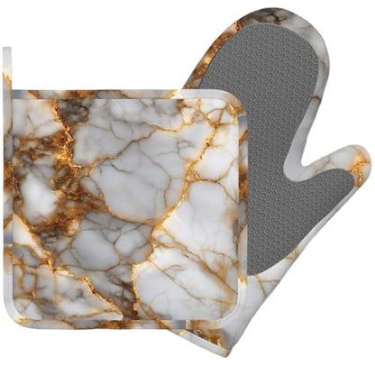 White Gold Marble Heat-Resistant Oven Mitts and Pot Holder Kitchen Non-Slip Silicone Cooking Microwave Gloves for Cooking Baking Grilling - color: White Gold Marble