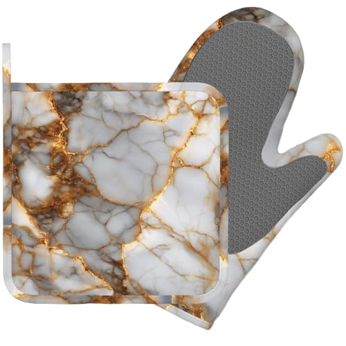 White Gold Marble Heat-Resistant Oven Mitts and Pot Holder Kitchen Non-Slip Silicone Cooking Microwave Gloves for Cooking Baking Grilling - color: White Gold Marble