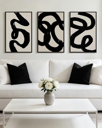 PHOPAGO Black Abstract Modern Framed Wall Art Large 16x24in Ink Wash Minimalist Thick Black Lines Paints Artwork Bedroom Living Room Home Decor - Black Framed - color: Black Ink Wash, size: 24L" x 16W" x 3 Pcs Black