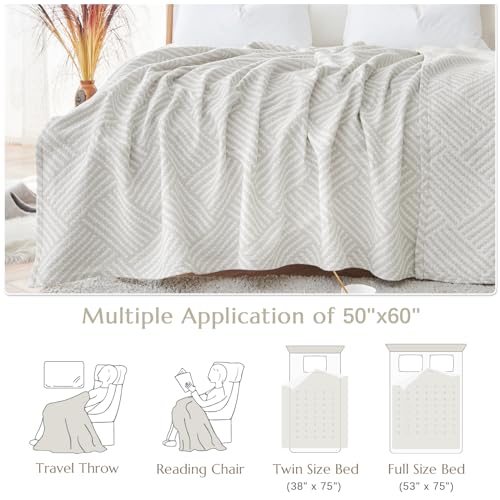 jinchan 100% Cotton Muslin Blanket Twin Boho Throw Blanket 50x60 Stone Gray | 3-Layer, Dotted Diamond Quilt, Cooling Breathable Lightweight, for Adult, Soft, Reversible, Summer, Couch, Sofa, Bedroom - color: B. Square Grey, size: 50"x60"