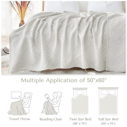 jinchan 100% Cotton Muslin Blanket Twin Boho Throw Blanket 50x60 Stone Gray | 3-Layer, Dotted Diamond Quilt, Cooling Breathable Lightweight, for Adult, Soft, Reversible, Summer, Couch, Sofa, Bedroom - color: B. Square Grey, size: 50"x60"