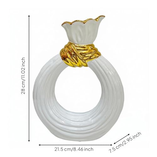 Circular Shaped Ceramic Vase White Glazed Ribbed Ceramic Vase Table Decoration for Tabletop, Floral Display, L 21.5cm W 7.5cm H 28cm - size: L 21.5cm W 7.5cm H 28cm