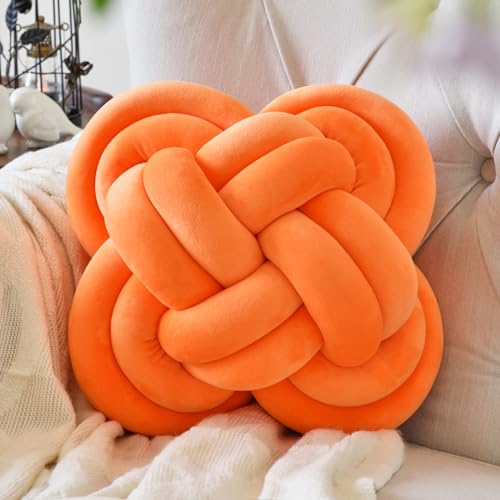 Xuyier Knot Pillow Ball, 12" Decorative Throw Pillows for Couch Bed, Orange | Decor Knotted Square Floor Pillow Cushions with Velvet Fabric for Bedroom Living Room - color: Orange