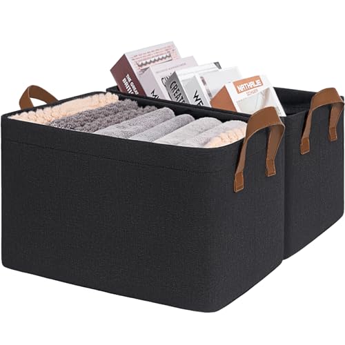 CHICVITA 30L Large Fabric Storage Baskets for Shelves, 2-Pack, Black | 16 ¾" L x 11" W x 9 ¾" H, Metal Frame, Leather Handles, Clothes, Toys & Towels Storage, Closet & Living Room Organization - color: Black, size: 16 ¾" L x 11" W x 9 ¾" H