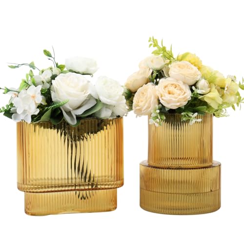 Amber Glass Vases, Set of 2 Ribbed Vases for Flowers, Amber Vase for Tulips, Modern Glass Vase for Living Room, Dining Table, Office, Entryway, Mantle, Bookshelf, Wedding Gifts - color: Amber, size: Large+Oval