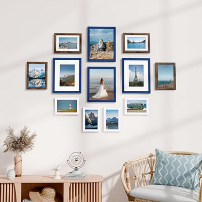Vittanly 12 Pack Gallery Wall Frame Set, Black, Brown, White | Gallery Wall Frame Set: 4pcs 8x10, 4pcs 5x7 & 4pcs 4x6 Photos for Wall & Table, Picture Frames made of Engineered Wood - color: Blue & Brown & White