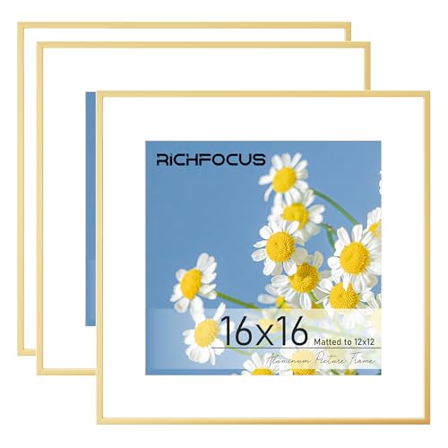 RICHFOCUS 16x16 Gold Frame Set of 3|16 x 16 Square Picture Frame with Mat for 12x12|Metal Aluminum Photo Frames for Wall with Tempered Glass Hanging Hardwares Included - color: Gold, size: 16x16-3P-Tempered Glass