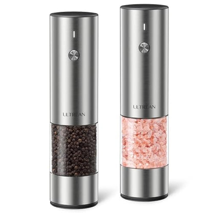 Ultrean Salt and Pepper Grinder Set, Rechargeable Salt and Pepper Shakers, 6 Adjustable Coarseness, LED Light, Kitchen Gadget Cooking Gifts Valentines Day Gifts for Him Her Mom Dad, Stainless Steel - color: Classic Silver