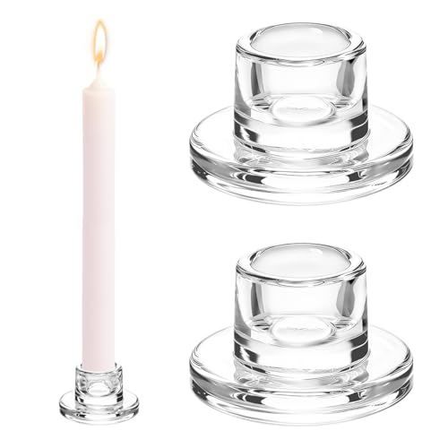 Glass Taper Candle Holders 2 Pcs Candlestick Holders, Clear Short Tapered Candle Stick Holder Set for Table Centerpiece, Dining Table, Fireplace Mantel, Wedding, Christmas, Holiday Party & Home Decor - color: Clear