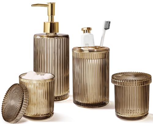 KASUNTING Brown Glass Bathroom Accessories 4 Pcs, Brown Bathroom Set, Soap Dispenser and Toothbrush Holder Set, Qtip Holder Set, Vintage Bathroom Sink Set, Modern Bathroom Decor - color: Brown, size: 4 Pcs Bathroom Set
