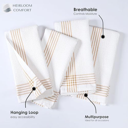 Beige and White Waffle Kitchen Towels 12 Pack, 100% Cotton, 16x26 Inch, Ultra Absorbent, Fast Dry Dish Towels, Reusable Dishcloths for Drying, Cleaning, Kitchen Use - color: Beige, White, style: 12 Pack