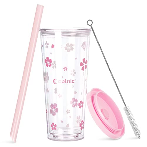 Reusable Plastic Boba Cup With Lids And Straws, 24Oz/700ml Smoothie Cups, Iced Coffee Cup, Leakproof Kawaii Cup, Boba Tumbler With Boba Reusable Straw,Double Wall Clear Bubble Tea Cup - color: Pink