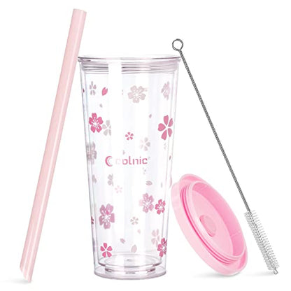 Reusable Plastic Boba Cup With Lids And Straws, 24Oz/700ml Smoothie Cups, Iced Coffee Cup, Leakproof Kawaii Cup, Boba Tumbler With Boba Reusable Straw,Double Wall Clear Bubble Tea Cup - color: Pink