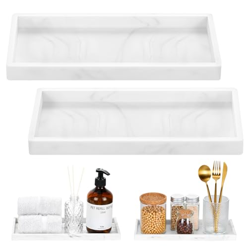 Luxspire 2 Pack Silicone Bathroom Tray 11.8" Vanity Tray, Marble White | Thick slip-proof silicone, dishwasher safe, waterproof, holds soap perfume jewelry for sink vanity decor - color: Marble White, size: 11.81 × 5.12 × 0.79 in