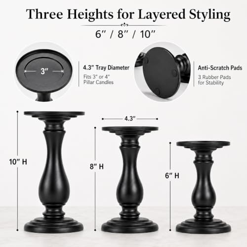 Matte Black Pillar Candle Holders Set of 3-10", 8", 6”H Candlestick Candle Holders Stand, Home Coffee Table Decor Decorations Centerpiece for Dining/Living Room