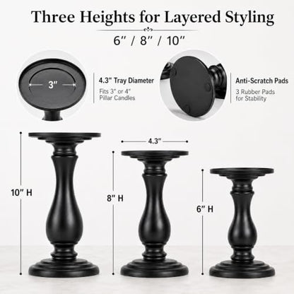 Matte Black Pillar Candle Holders Set of 3-10", 8", 6”H Candlestick Candle Holders Stand, Home Coffee Table Decor Decorations Centerpiece for Dining/Living Room