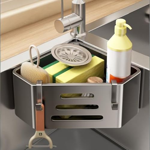 Kitchen Sink Sponge Holder – Adhesive No-Drill Caddy, Rustproof Organizer with Suction Cups | Storage Rack for Sponge, Soap, Stopper & Brush (Sink Caddy With 2 Hooks) | Kitchen Sink Sponge Holder