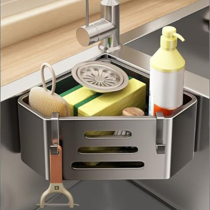 Kitchen Sink Sponge Holder – Adhesive No-Drill Caddy, Rustproof Organizer with Suction Cups | Storage Rack for Sponge, Soap, Stopper & Brush (Sink Caddy With 2 Hooks) | Kitchen Sink Sponge Holder