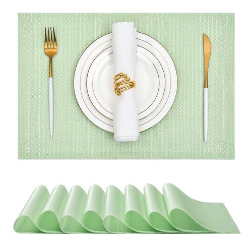 Leetaltree Woven Vinyl Placemats Set of 8, Crisp Green Sequin | Waterproof & Washable Dining Table Mats for Wedding, Anniversary, Daily Use, Hand-Cut, Easy to Clean - color: 00- Crisp Green Sequin, size: Set of 8