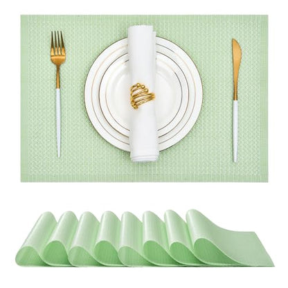 Leetaltree Woven Vinyl Placemats Set of 8, Crisp Green Sequin | Waterproof & Washable Dining Table Mats for Wedding, Anniversary, Daily Use, Hand-Cut, Easy to Clean - color: 00- Crisp Green Sequin, size: Set of 8