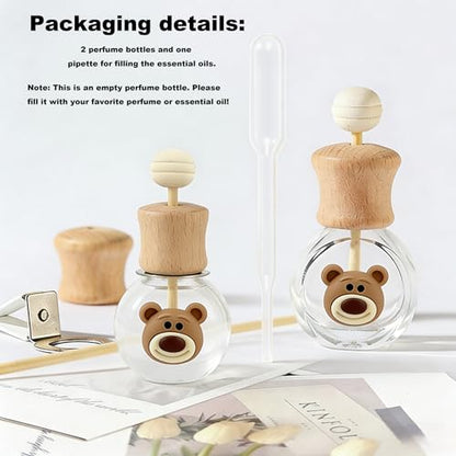 2 Pack Bear Refillable Car Vent Clip Diffuser Empty Glass Bottle | Wood lid aroma bottle with dropper, holds essential oils for car wardrobe home bathroom use - size: Bear-A1 - 2PCS