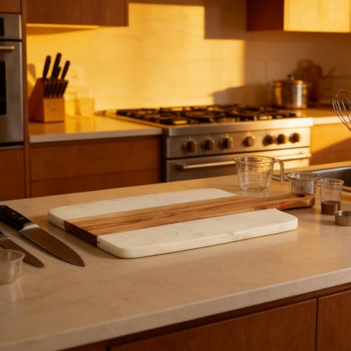 Cutting Board for Kitchen – 13.8" x 7.3" Wooden Serving Board with Handle for Steak Bread Cheese & Fruits – Marble and Acacia Butcher Block Chopping Board, Easy to Clean - color: White