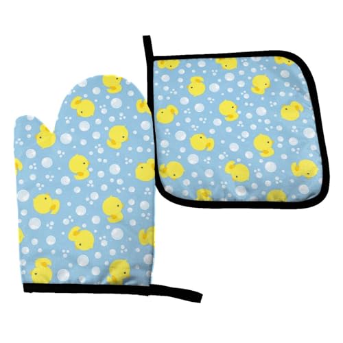 Perinsto Cute Rubber Ducks Oven Mitts & Pot Holders Kitchen Set Heat Resistant Cartoon Duckling Decorative Cooking Gloves Microwave Oven Gloves for Baking Grilling BBQ - color: Rubber Ducks #02, size: Set of 2