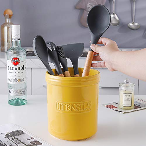 KOOV Cooking Utensil Holder, Large Ceramic Utensil Crock, Deep and Stable, Utensil Caddy for Countertop Letter Series (Yellow) - color: Yellow