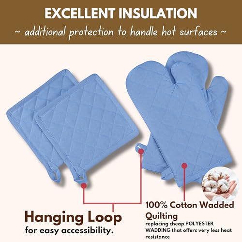 Native Fab Pot Holders and Oven Mitts Sets for Kitchen Heat Resistant - Hanging Non-Slip - 100% Cotton Kitchen Oven Mitts and Pot Holders 4-Piece Set - Blue - color: Blue