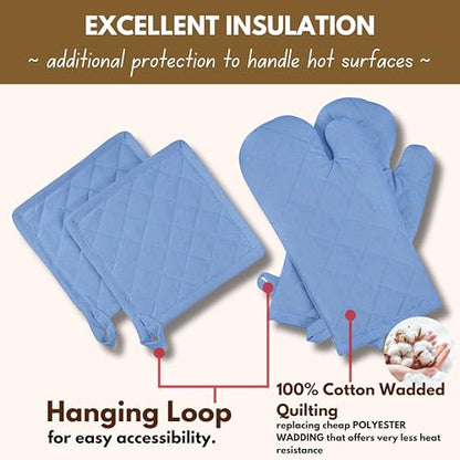 Native Fab Pot Holders and Oven Mitts Sets for Kitchen Heat Resistant - Hanging Non-Slip - 100% Cotton Kitchen Oven Mitts and Pot Holders 4-Piece Set - Blue - color: Blue