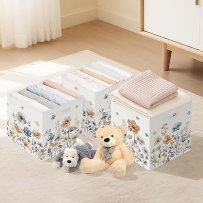 Clastyle 11.8" Flower Storage Basket Set of 3 for Kid Women Toy Clothes Bin | Collapsible Fabric Book Bin, Metal Frame Bottom Board, Cube Organizer, Closet Nursery Pantry Shelf Bedroom, Boho Meadow - color: Brown