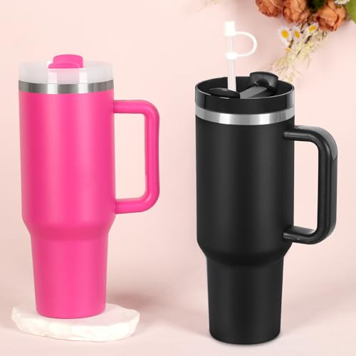 4 Pack 40 Oz Tumblers with Handle Bulk, Double Wall Vacuum Insulated Stainless Steel Tumblers with Lid and Straw, 40 oz Cup with Silicone Spill Proof Stopper Set (Black-2,Hot Pink-2) - color: Black-2,Hot Pink-2