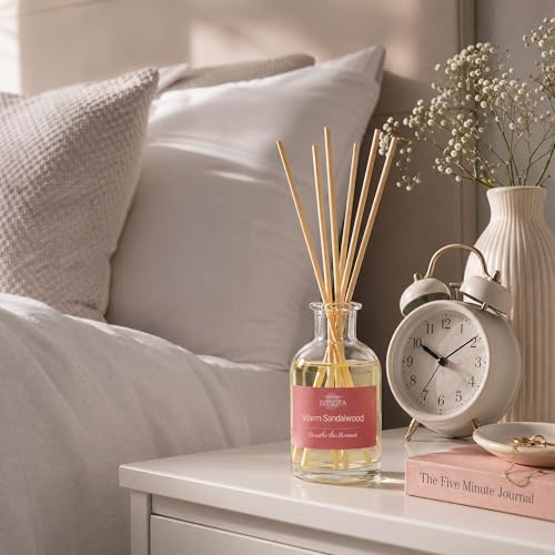 Natural Reed Diffuser Set, Warm Sandalwood 3.52 oz (100ml) Scented Diffuser with Sticks Home Fragrance Reed Diffuser for Bathroom Shelf Decor, Ideal Gift for Woman