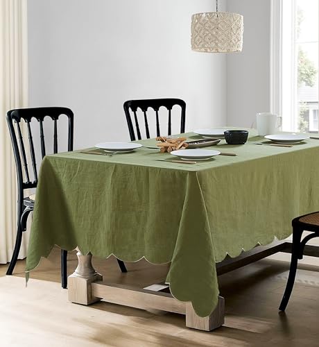 100% French Flax Linen Tablecloths Scalloped Embroidery Rectangle 84Lx60W Inch for Dinners, Parties, Spring, Easter, Machine Washable, 6-8 Sets, 60''x84'', Olive Green(Edges-Gold) - color: Olive Green(edges-gold), size: 84" x 60" (Rectangular)