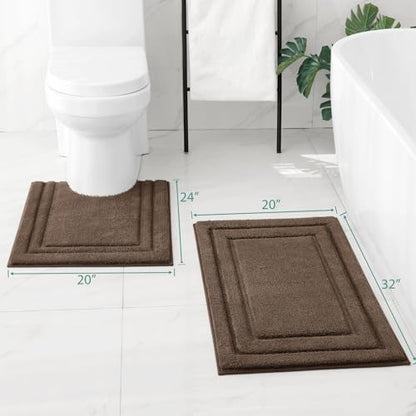 HOMEIDEAS Bathroom Rugs Sets 2 Piece, Super Soft and Absorbent Non Slip Microfiber U-Shaped Toilet Bath Mat Set (20"x32"+U20 x24, Brown) - color: Loop- Brown, size: 1'8" x 2'8" (20"x32"+U Shape 20"x24")