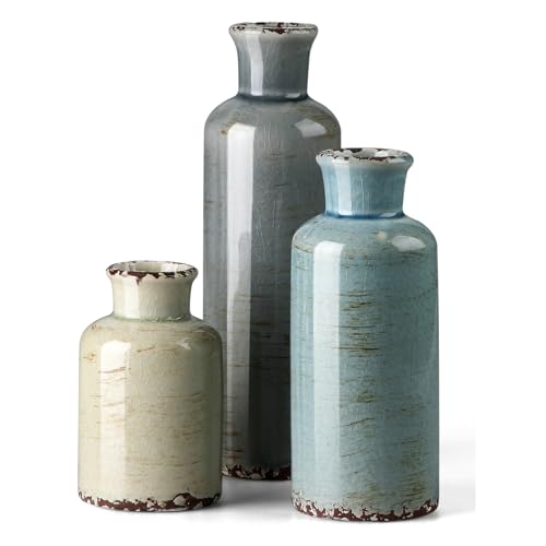 CwlwGO- Ceramic Vase Set of 3, Small Flower Vases for Home Decoration, Modern Farmhouse Decor, Living Room Kitchen Table Centerpieces, Shelf, Mantel, Fireplace and Entrance Decorations-Multicolor. - color: Multicolored