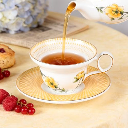 KAMMAK Tea Cups Set of 2,Ceramic Floral Pattern Demitasse Cup | Porcelain Espresso Cup with Saucer, 5.92 oz Handmade Elegant Bone China Tea Cups for Latte, Americano, Cappuccino - color: Ode to Spring (A.Green+B.Yellow)