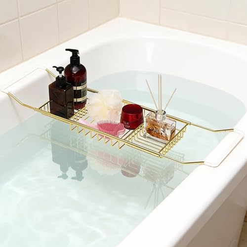 Bathtub Caddy Tray, Expandable Bath Tub Table with Removable Book Holder Red Wine Rack Holder, for Home Kitchen Bathroom,Gold - color: Gold