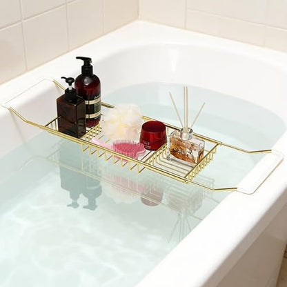 Bathtub Caddy Tray, Expandable Bath Tub Table with Removable Book Holder Red Wine Rack Holder, for Home Kitchen Bathroom,Gold - color: Gold