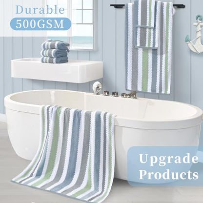 Waffle Towels for Bathroom - Quick Dry | Thick | Lightweight | 500GSM, 2 Bath 28"x52", 4 Hand 16"x27", Cotton Polyester Blend Towels, Shower Towel with Hanging Loops, Navy Grey Green Stripe and White - color: Navy+gray+green+white, size: 6 PCS Towel Set