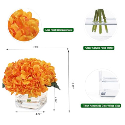 Silk Hydrangea Artificial Flowers in Vase with Faux Water, Silk Flower Arrangements in Vase for Wedding, Dining Table, Living Room (Orange) - color: Orange
