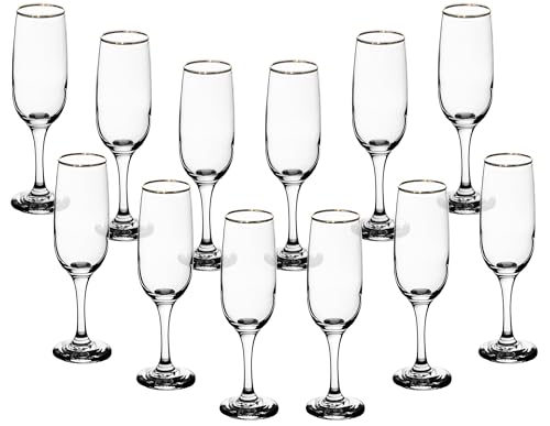 Elegant Flute Stemware, 8 Ounce - Set of 12, Champagne Glass with Gold Rim - Crystal Clear Drinking Glass for Red Wine, Cocktails and Other Beverages - For Home and Bar