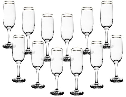 Elegant Flute Stemware, 8 Ounce - Set of 12, Champagne Glass with Gold Rim - Crystal Clear Drinking Glass for Red Wine, Cocktails and Other Beverages - For Home and Bar
