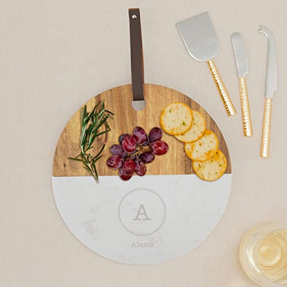 Weddingstar Custom Engraved Circular Wooden Acacia Plank & Marble Cutting Board Serving Tray - Circle Monogram - style: Circle Monogram