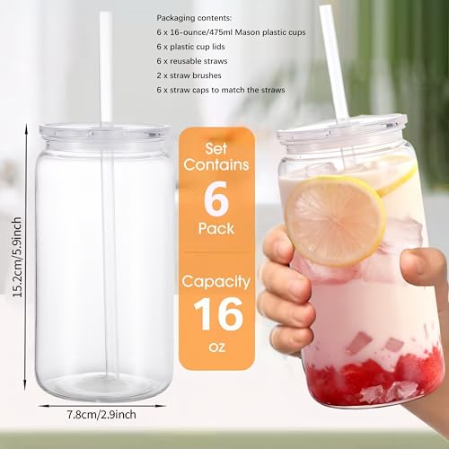 Mason Jar Cups with Lids and Straws, 16 oz Reusable Plastic Tumblers for Whisky, Soda, Tea, Juice, Beer, Coffee, Milk Tea, Gifts, 6 Pack (Clear) - color: Clear