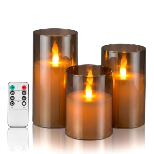 Flameless Candles with Remote, Set of 3 LED Pillar Candles (3" D x 4" 5" 6" H), Realistic Climbing Flame Battery Powered Candles for Home Wedding Christmas (Smoky Grey Ivory) - color: Gray, size: 3 Pack