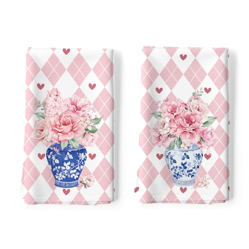 Pink Flower Vase Tea Towels, 100% Cotton Kitchen Towels, Set of 2 | 18.9 x 27.5 in / 48 x 70 cm, Lightweight Woven Dish Cloth with Pink Flower Vase Print for Kitchen Decor, Housewarming Gift - color: Floral