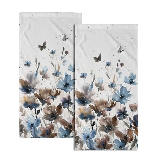 Imiss Watercolor Brown Blue Floral Hand Towel Set of 2, Wildflower Butterfly Decorative Bathroom Multipurpose Towels for Yoga Gym Spa Hotel Kitchen 14.4 x 28.3 Inch - color: Brown Blue Floral