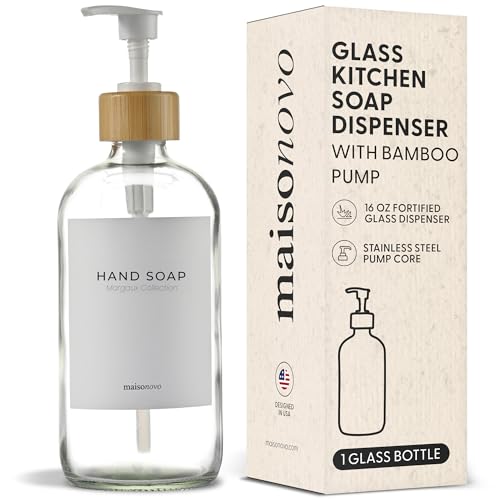 Maisonovo Dish Soap Dispenser - Clear Soap Dispenser White Bamboo Pumps | Glass bottle for body wash, lotion, shampoo or conditioner · Sink, bathroom or countertop · 16.9 oz - color: Single Clear Bottle/ White Bamboo Pump